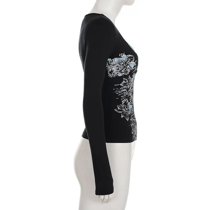 American retro contrasting color V-neck printed spicy girl slim fit T-shirt autumn Y2K Harajuku style punk sexy backless top