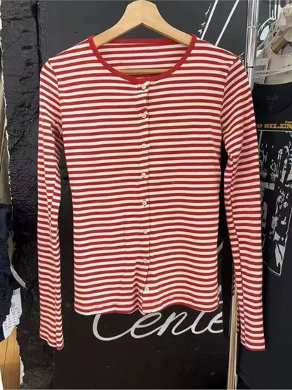 Pink Striped Slim Long Sleeve Tees Women Spring Casual Cotton O-neck Tshirt New Tops Clothes Sweet Cute  Vintage T-shirts Y2K