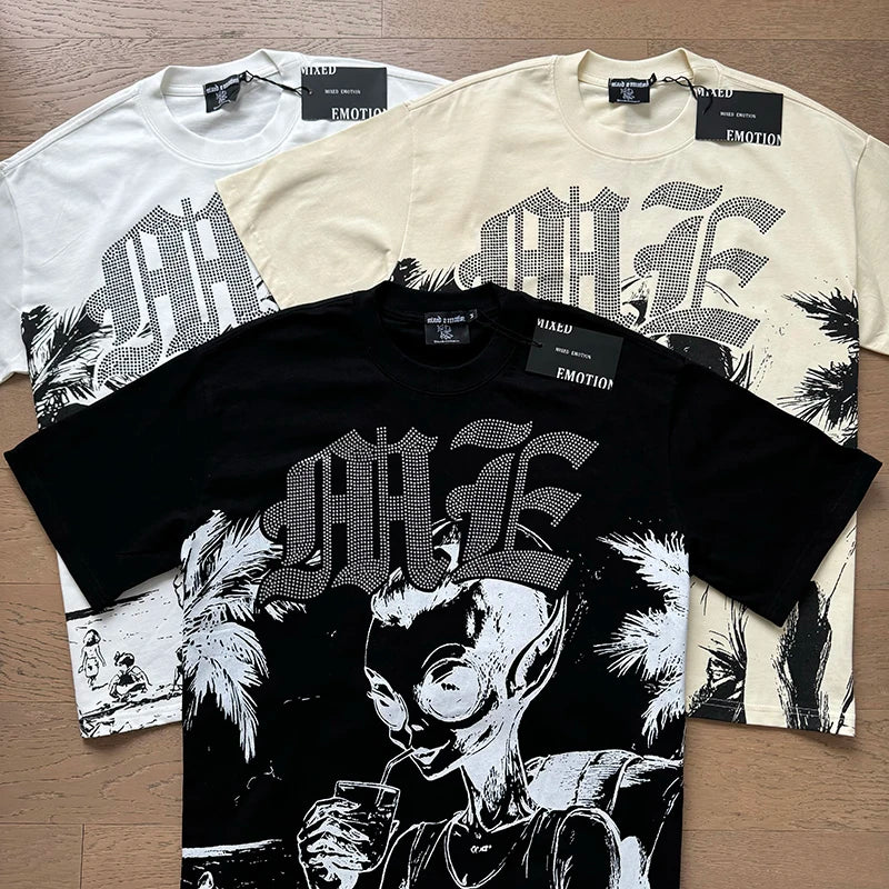 Fashion Brand MIXED EMOTION T-shirts Men Women Couple Streetwear Angel Print Summer Top Tee Round Neck Short Sleeve