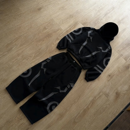 Y2K Vintage Harajuku Gothic Tracksuit Men Streetwear Patchwork Graphic Hoodie Baggy Sweatpants Two Piece Set Retro Hip Hop