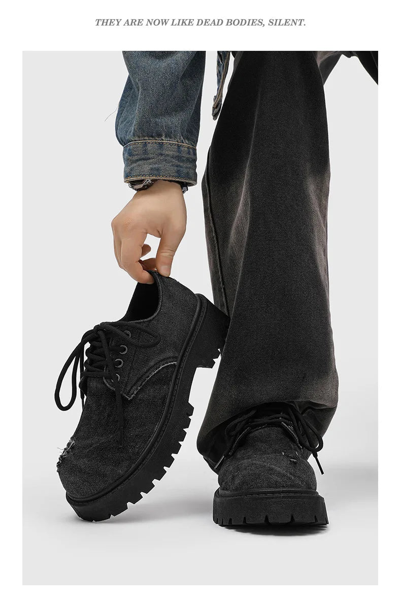 Men's Distressed Denim Derby Shoes Chunky Grunge Platform Boots Avant-Garde Bulky Toe Niche Streetwear Footwear for Trendy Youth
