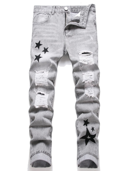Y2K Men's Jeans - Fashionable Gray Mid-Rise Straight-Leg, Ripped Embroidered Vintage Washed Street Denim