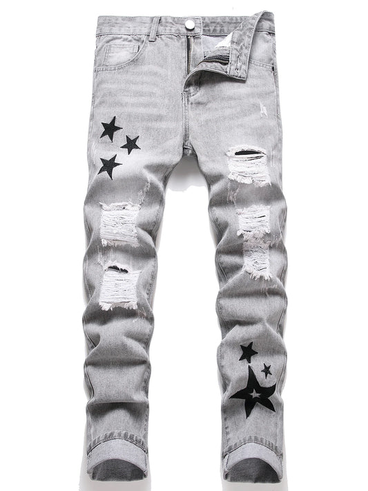 Y2K Men's Jeans - Fashionable Gray Mid-Rise Straight-Leg, Ripped Embroidered Vintage Washed Street Denim