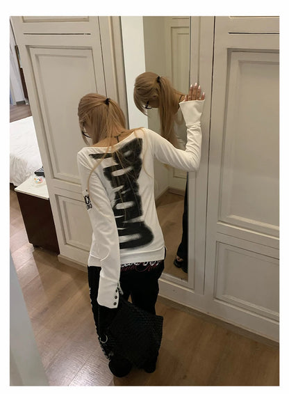 Tonngirls American Retro Print T-shirt Women Long Sleece Button Graphic Tops Y2k Tops 2000s Japanese Grunge Tops E-girls Autumn