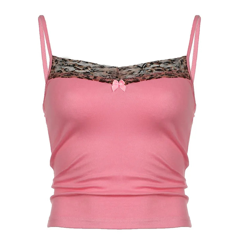 Vintage Leopard Print Stitched Crop Top Women Casual Sleeveless Cute Bow Patchwork Strap Tees y2k Summer Crop Tops Ladies