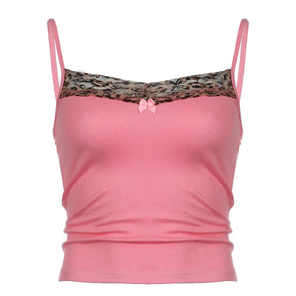 Vintage Leopard Print Stitched Crop Top Women Casual Sleeveless Cute Bow Patchwork Strap Tees y2k Summer Crop Tops Ladies