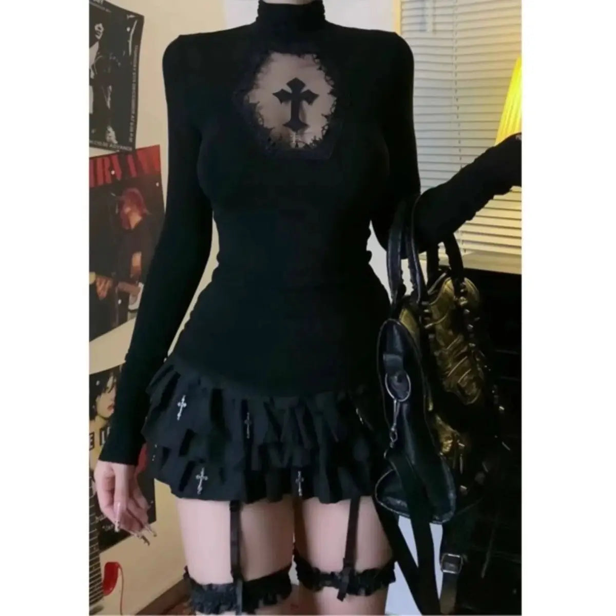 Turtleneck Top Y2k Clothes Black Gothic Cross Hollow out Slimming Bottoming shirt for Women Long Sleeve Sexy T-shirt Girls Tops