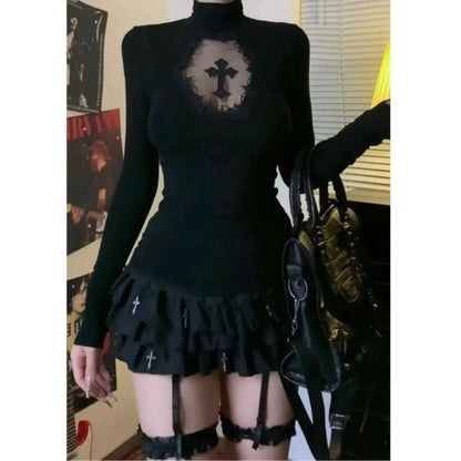Turtleneck Top Y2k Clothes Black Gothic Cross Hollow out Slimming Bottoming shirt for Women Long Sleeve Sexy T-shirt Girls Tops