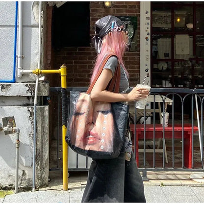 Brand Portrait Print Tote Bag Large Capacity Top-handle Shopper Bag Fashion Pvc Kraft Paper Shoulderbag Waterproof Pouch Storage