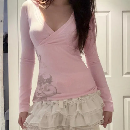 Pink Floral Print Women Fairy Y2K T-shirt Coquette V Neck Long Sleeve Tees Autumn Spring Casual Pullovers Tops Vintage Clothes