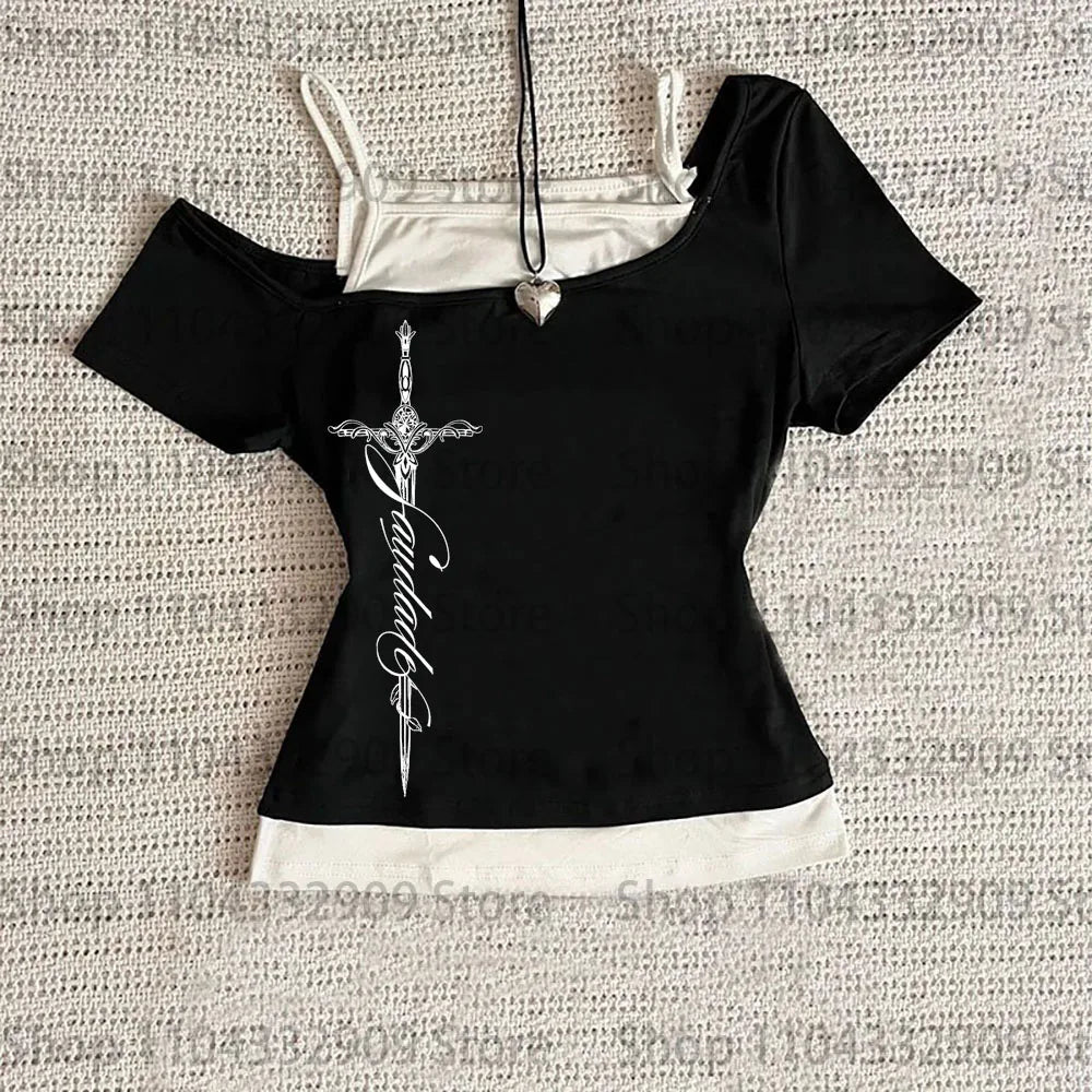 Y2K Harajuku Aesthetic Gothic Fairycore Long Sleeve Tee Character Slim Chic Print Casual Crop Top Grunge Punk Hip Hop Streetwear