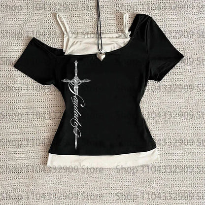 Y2K Harajuku Aesthetic Gothic Fairycore Long Sleeve Tee Character Slim Chic Print Casual Crop Top Grunge Punk Hip Hop Streetwear